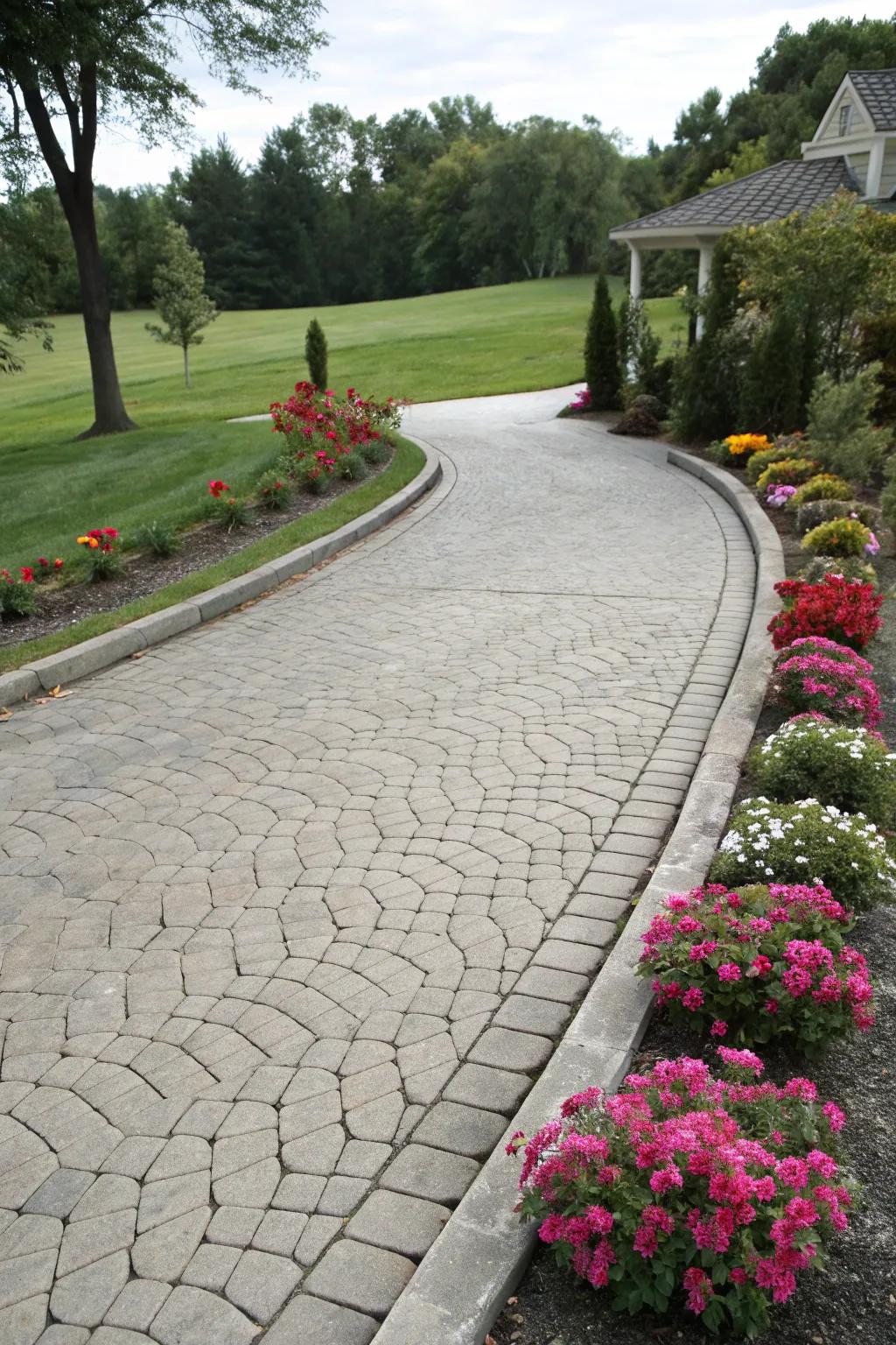 Stamped concrete driveway resembling cobblestone.