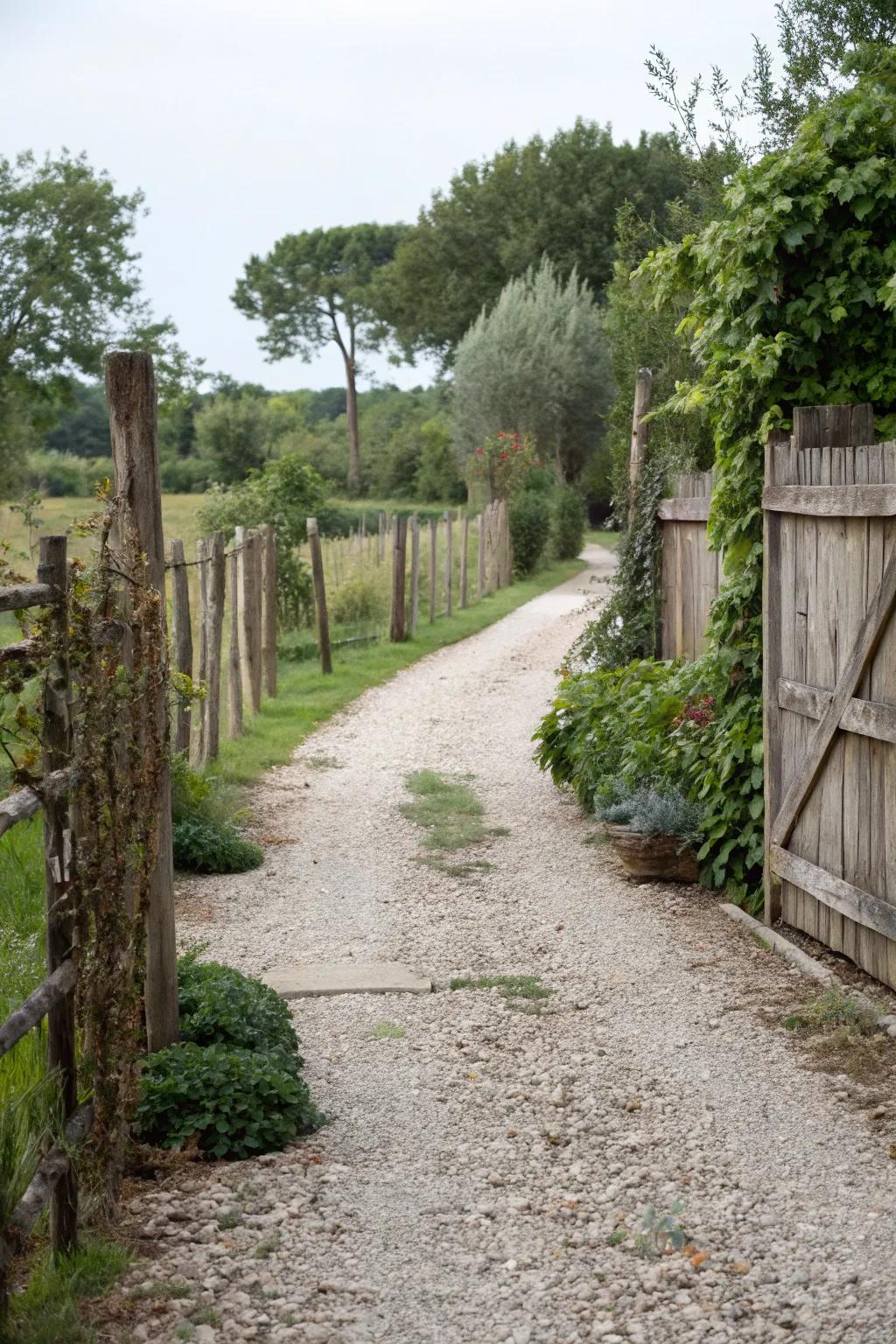 Rustic gravel driveway.