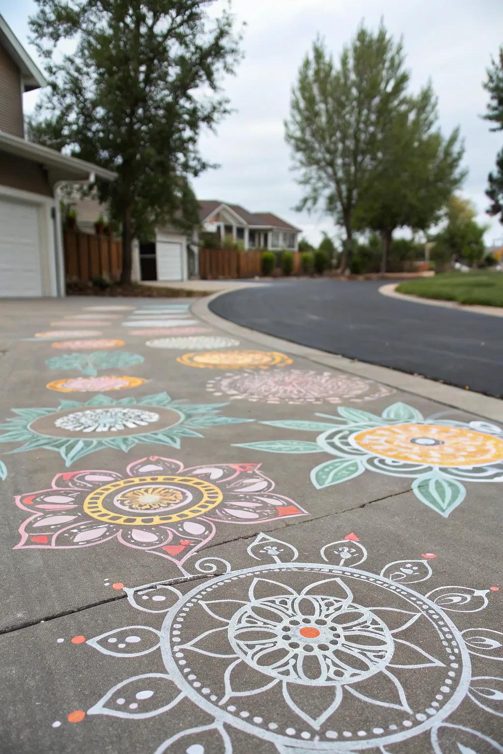 Driveway adorned with artistic stenciled designs.