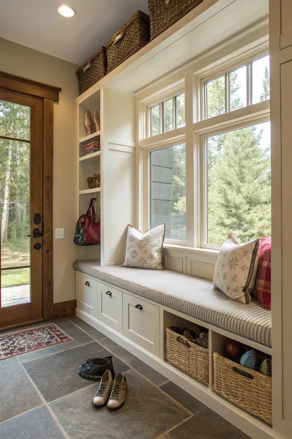 Corner bench maximizing unused mudroom space.