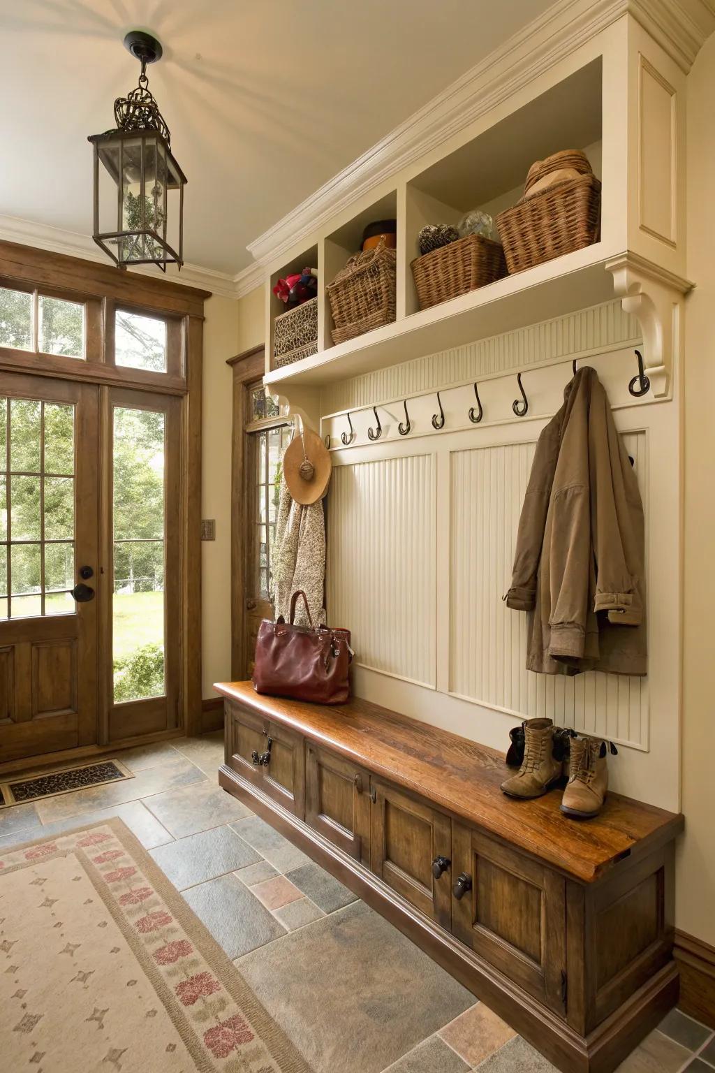 Beadboard paneling adds classic charm to mudroom benches.