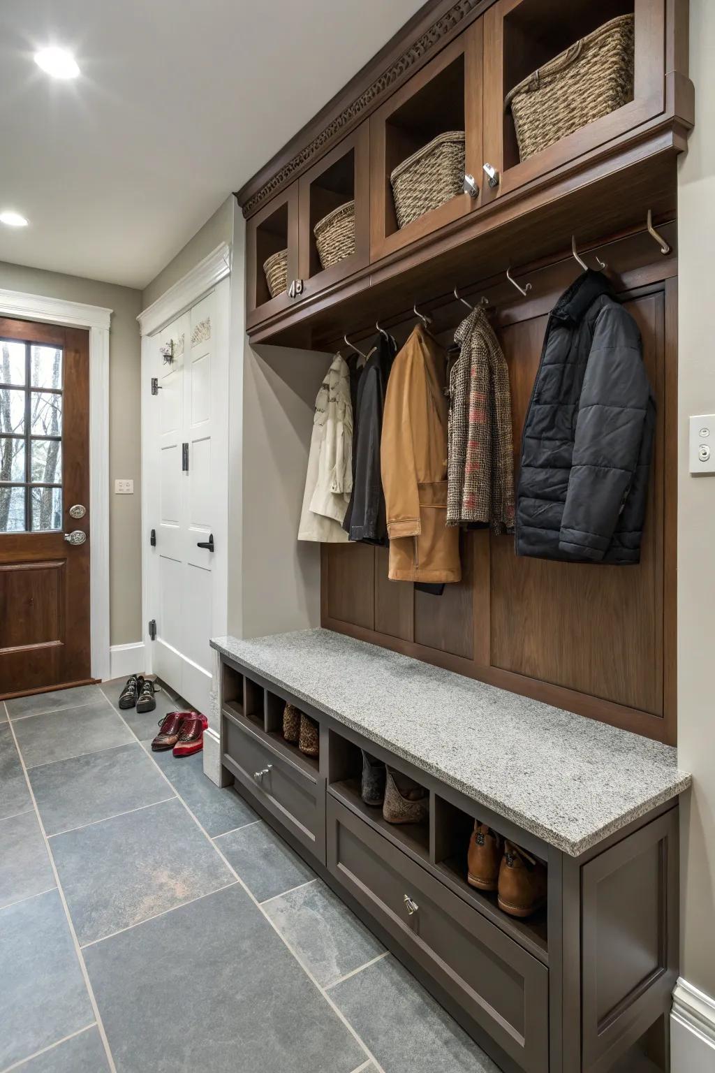 Granite-topped bench combining durability and elegance.