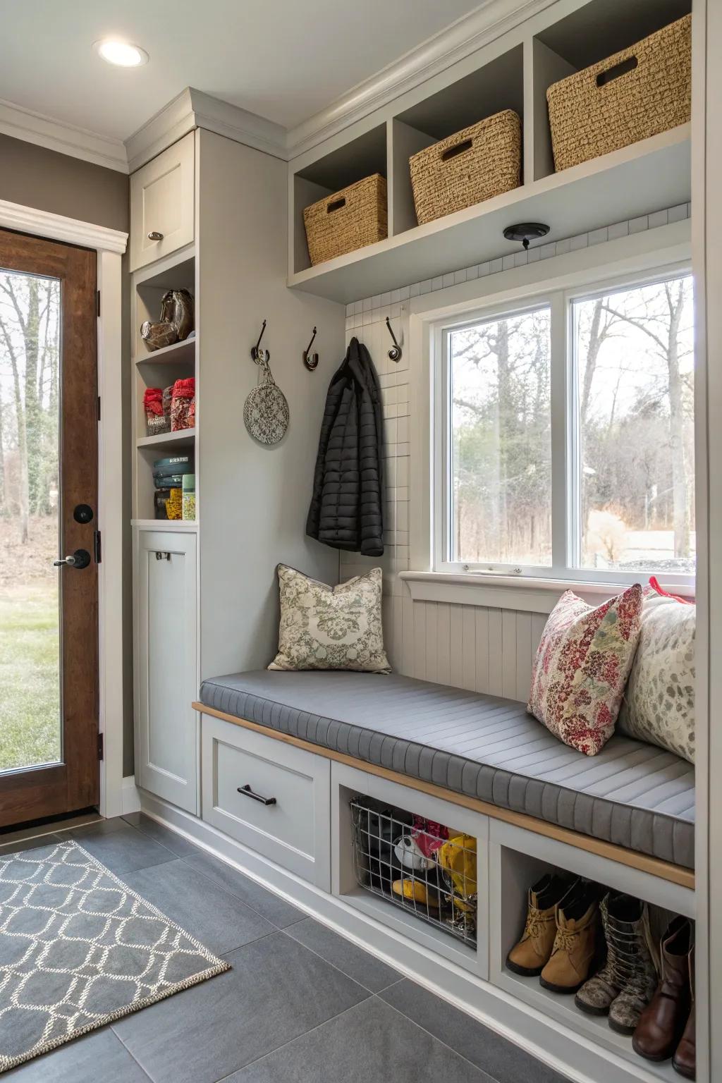 Mudroom bench designed with pets in mind.
