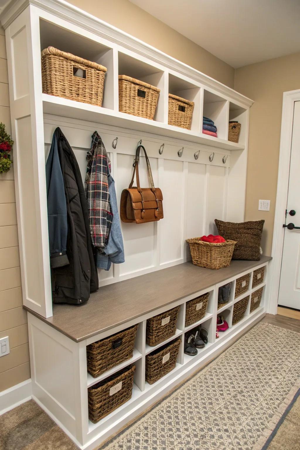 Bench combining open cubbies and baskets for organized storage.
