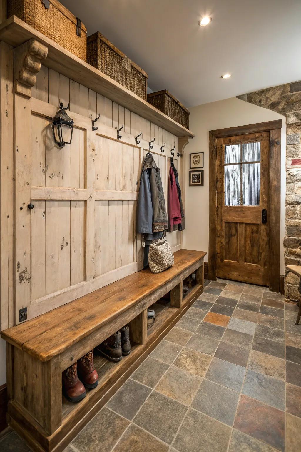 Rustic wooden bench adding warmth to mudroom spaces.