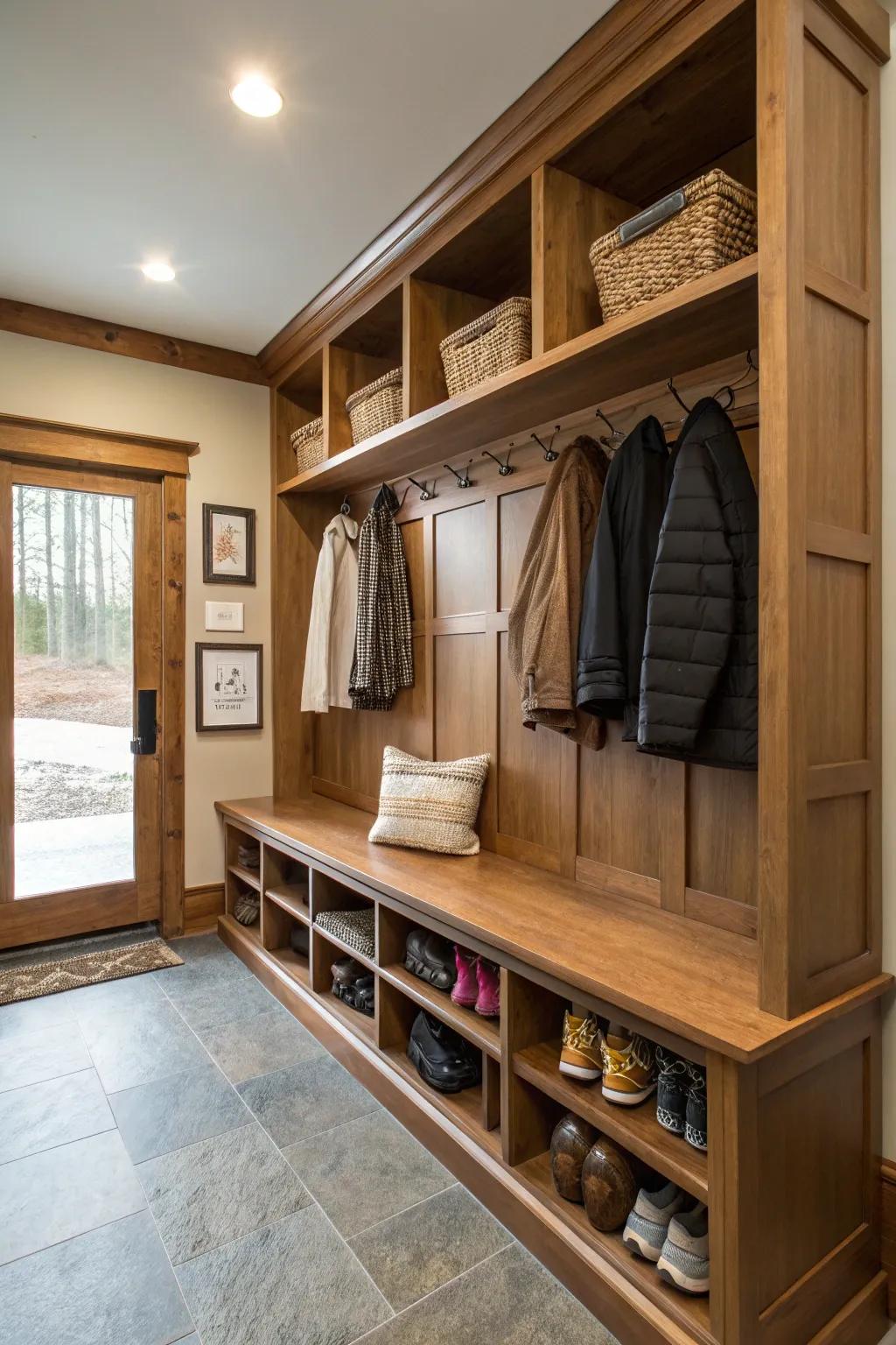 Coordinated bench and shelf set creating a unified mudroom look.