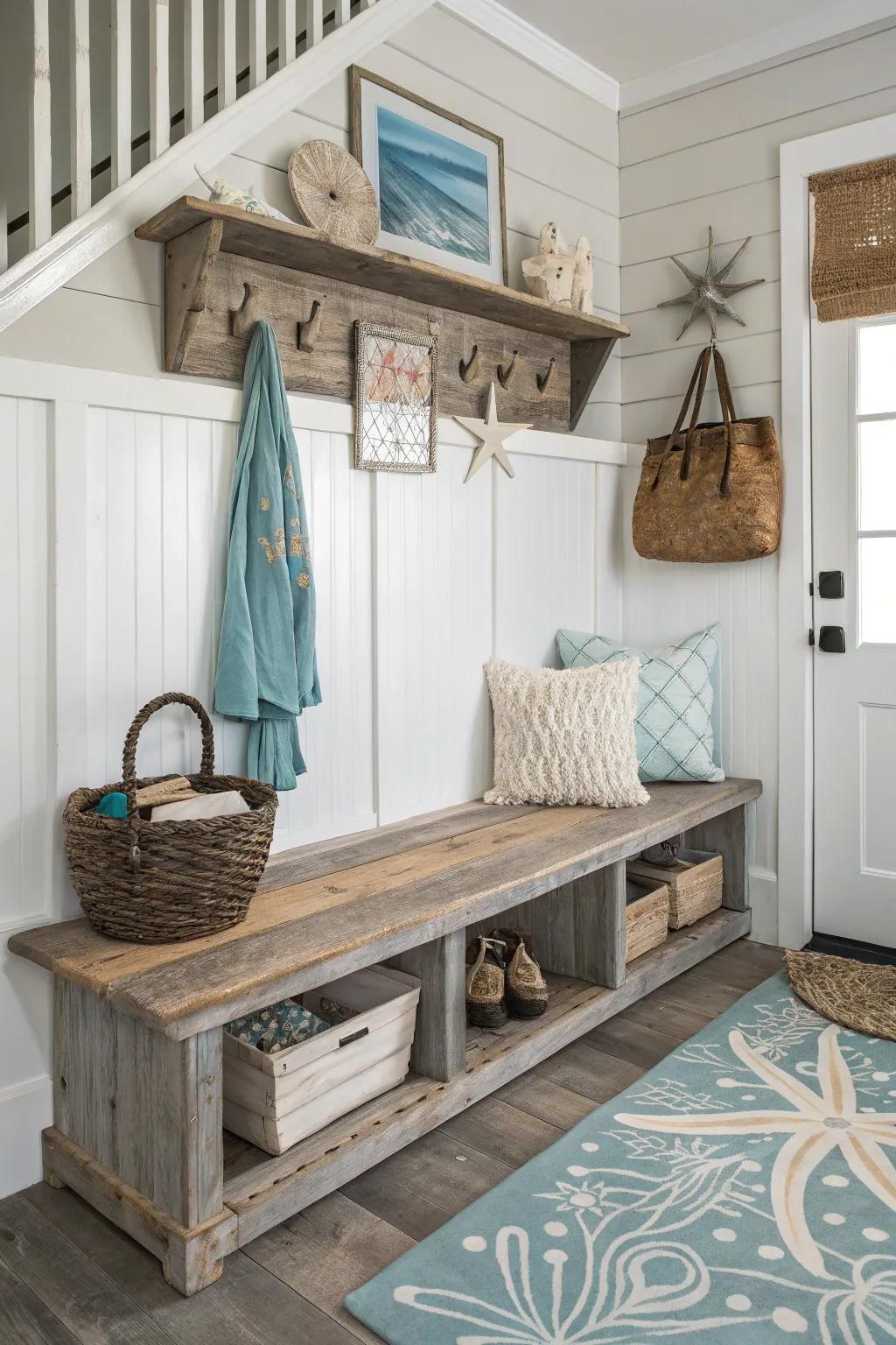 Weathered wooden bench evoking coastal charm.