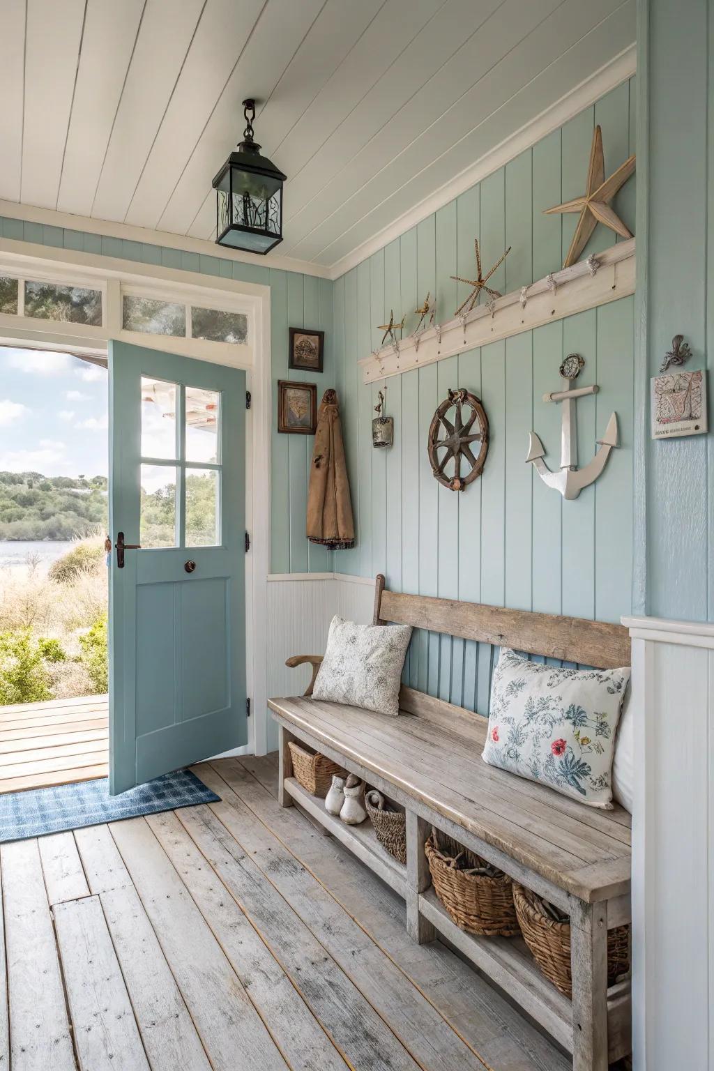 Seaside cottage bench with nautical accents.
