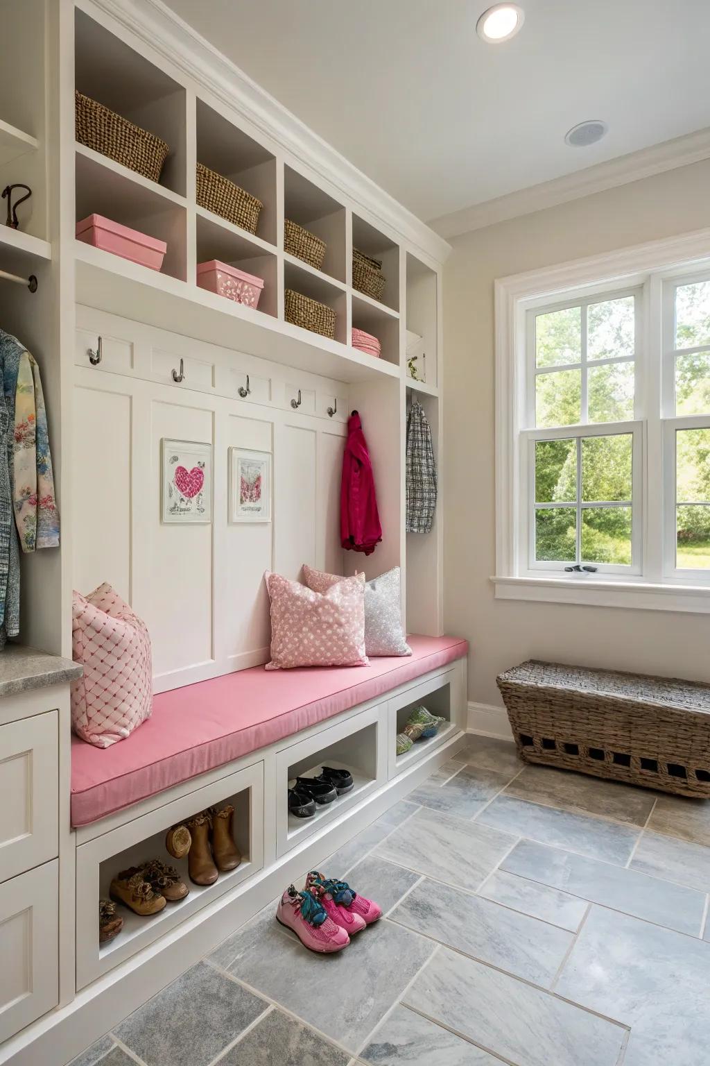 Multi-functional bench combining mudroom and laundry space.