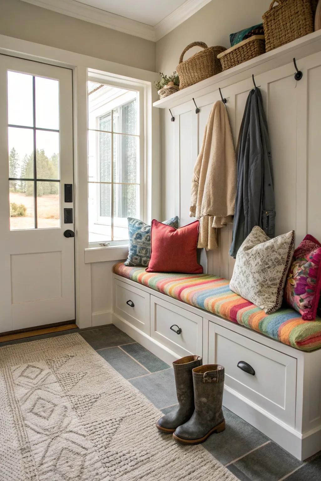 Mudroom bench enhanced with cushions and throws for comfort.