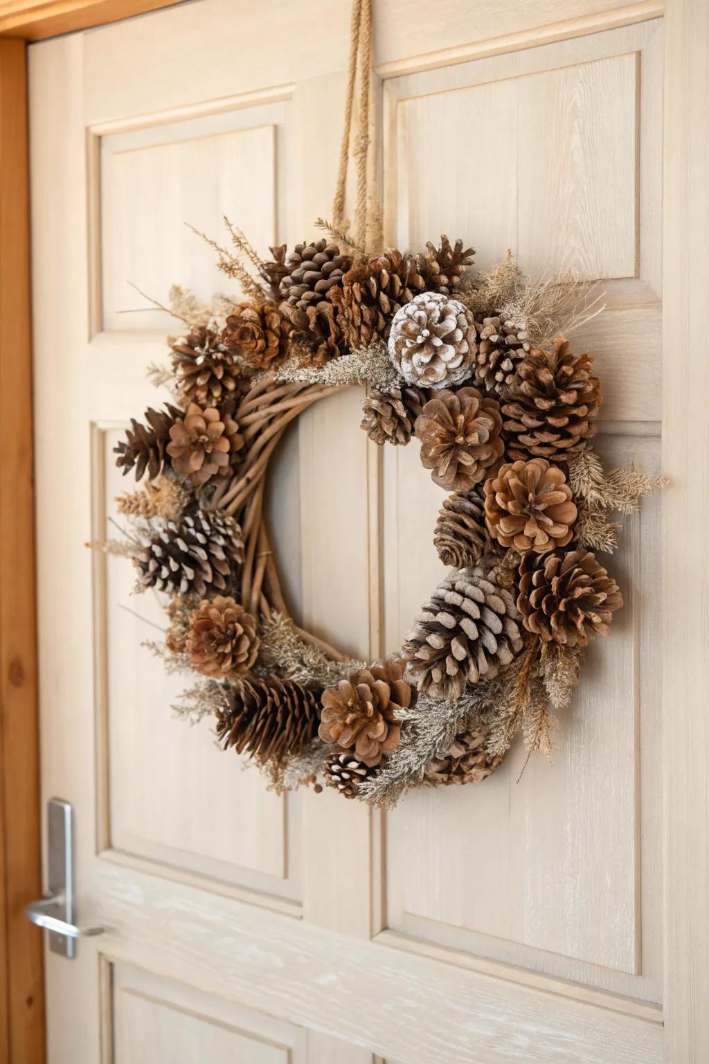 Greet visitors with a handcrafted pine cone wreath, radiating natural warmth and charm.