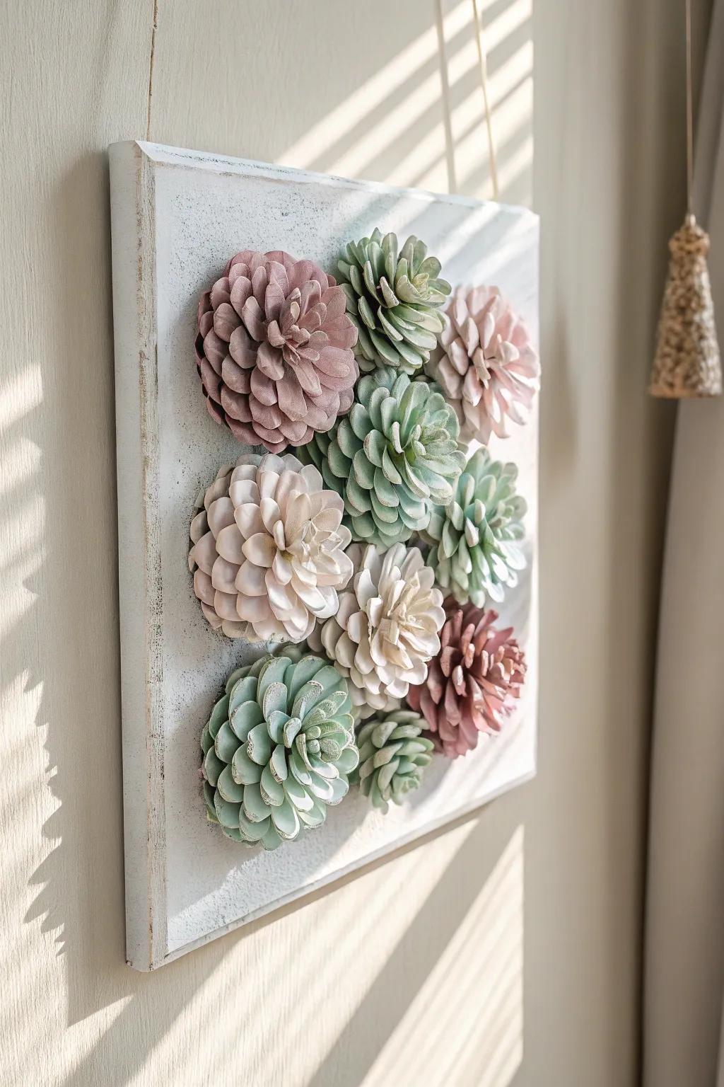 Create stunning wall art by arranging painted pine cones on canvas for a natural yet modern look.