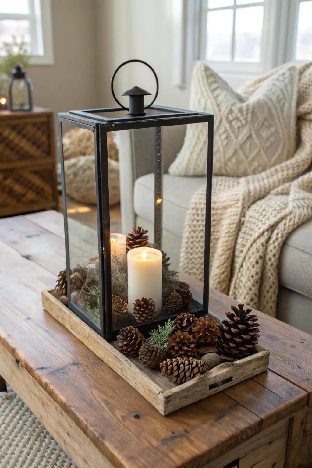 Create a warm ambiance with pine cone lanterns featuring flameless candles and natural accents.