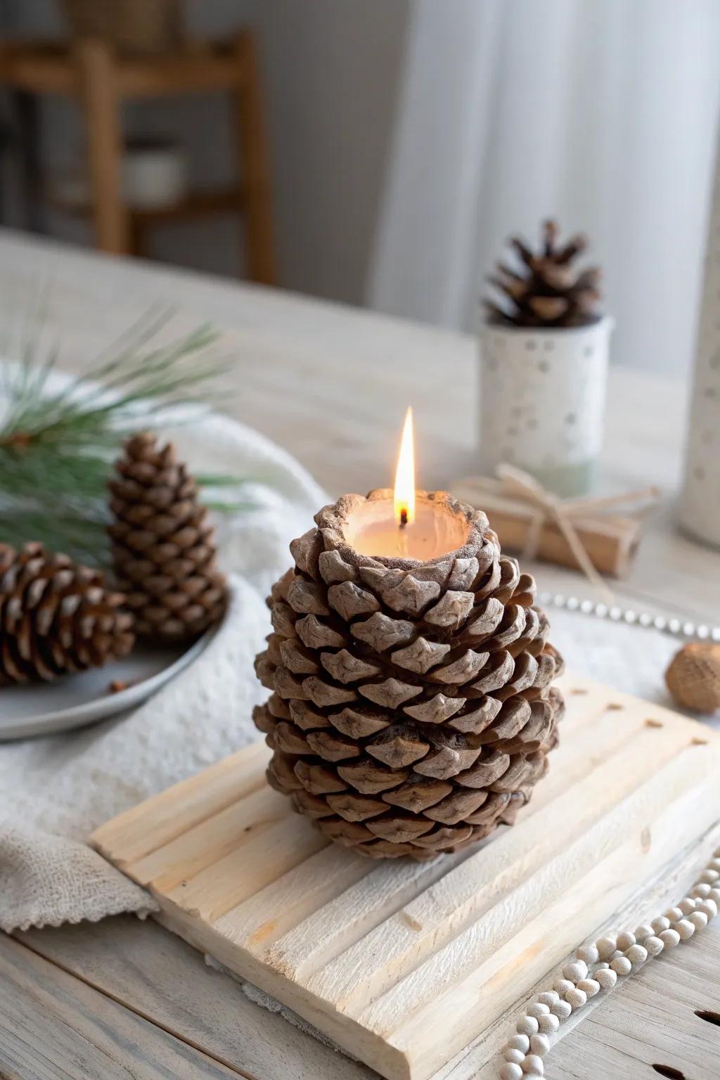 Add natural elegance to your table with handcrafted pine cone candle holders.