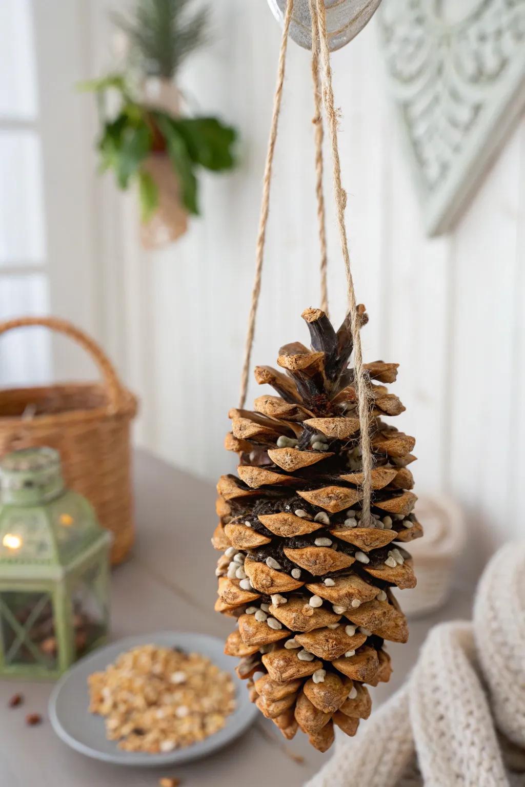 Handmade pine cone bird feeder attracting feathered friends to your garden.