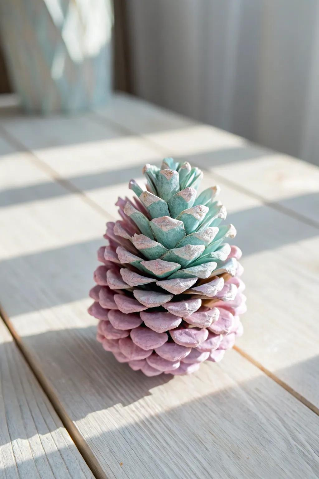 Turn pine cones into vibrant art pieces with colorful paint for a fresh, lively decor.