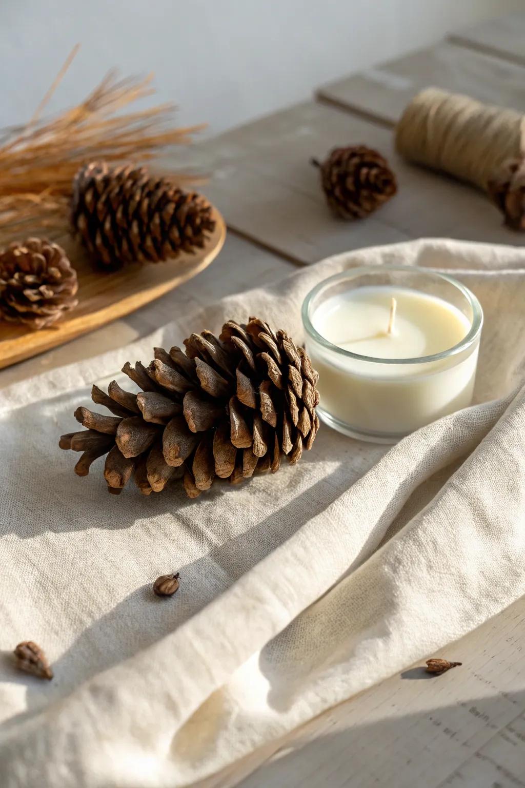 Handcrafted pine cone fire starters dipped in wax for cozy fireside moments.