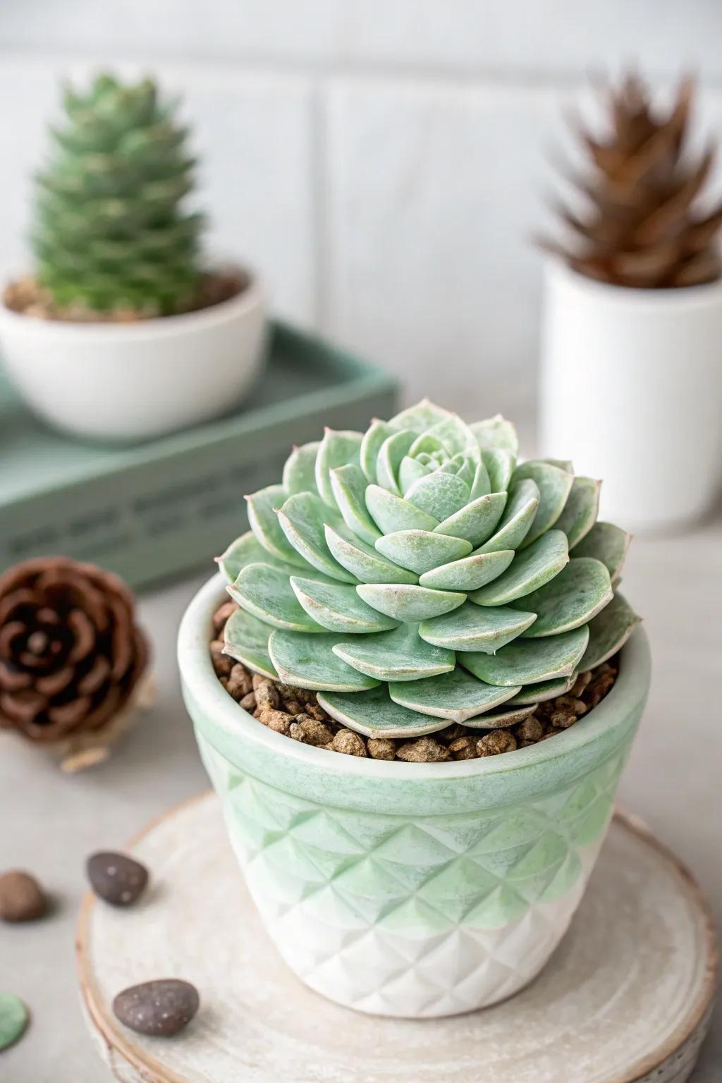 Create a no-maintenance succulent garden using painted pine cones for a fresh indoor accent.