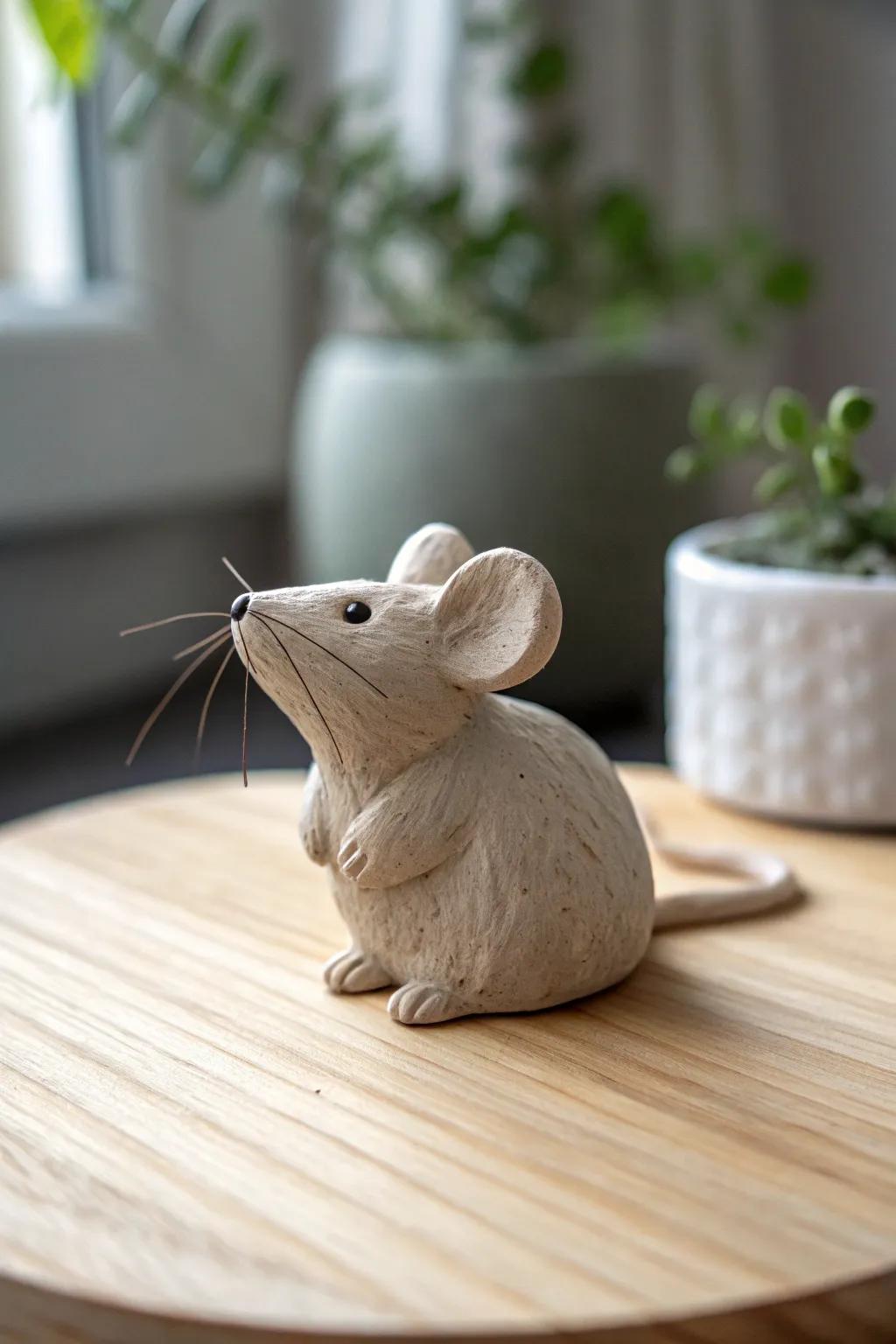 Small handcrafted clay mouse adding a whimsical accent to minimalist decor