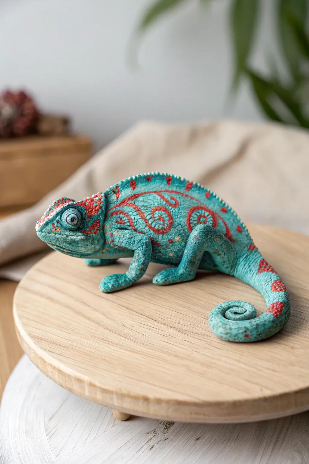 Brightly colored clay chameleon with a Scandinavian design influence