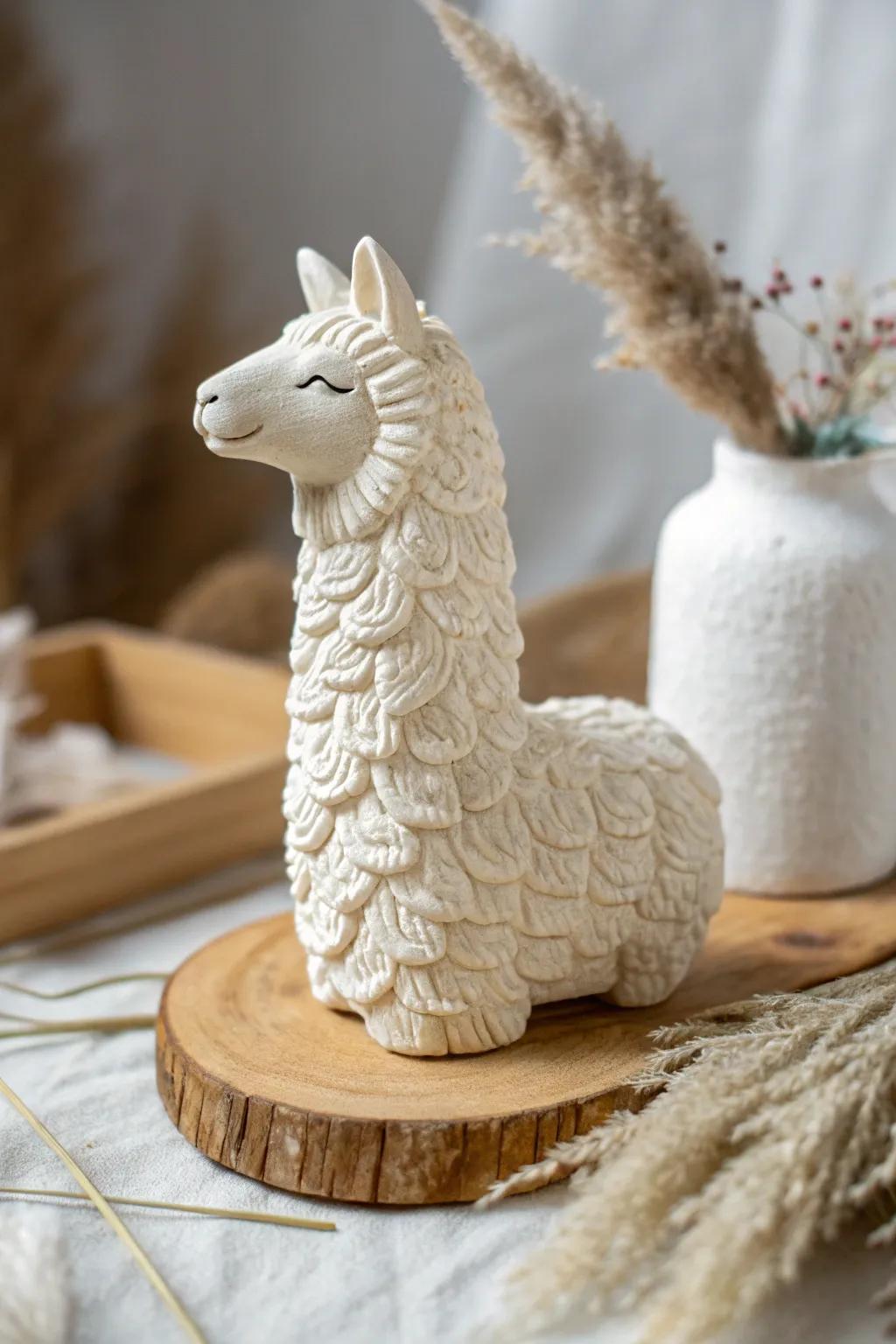 Handcrafted air dry clay alpaca with fluffy texture and gentle expression