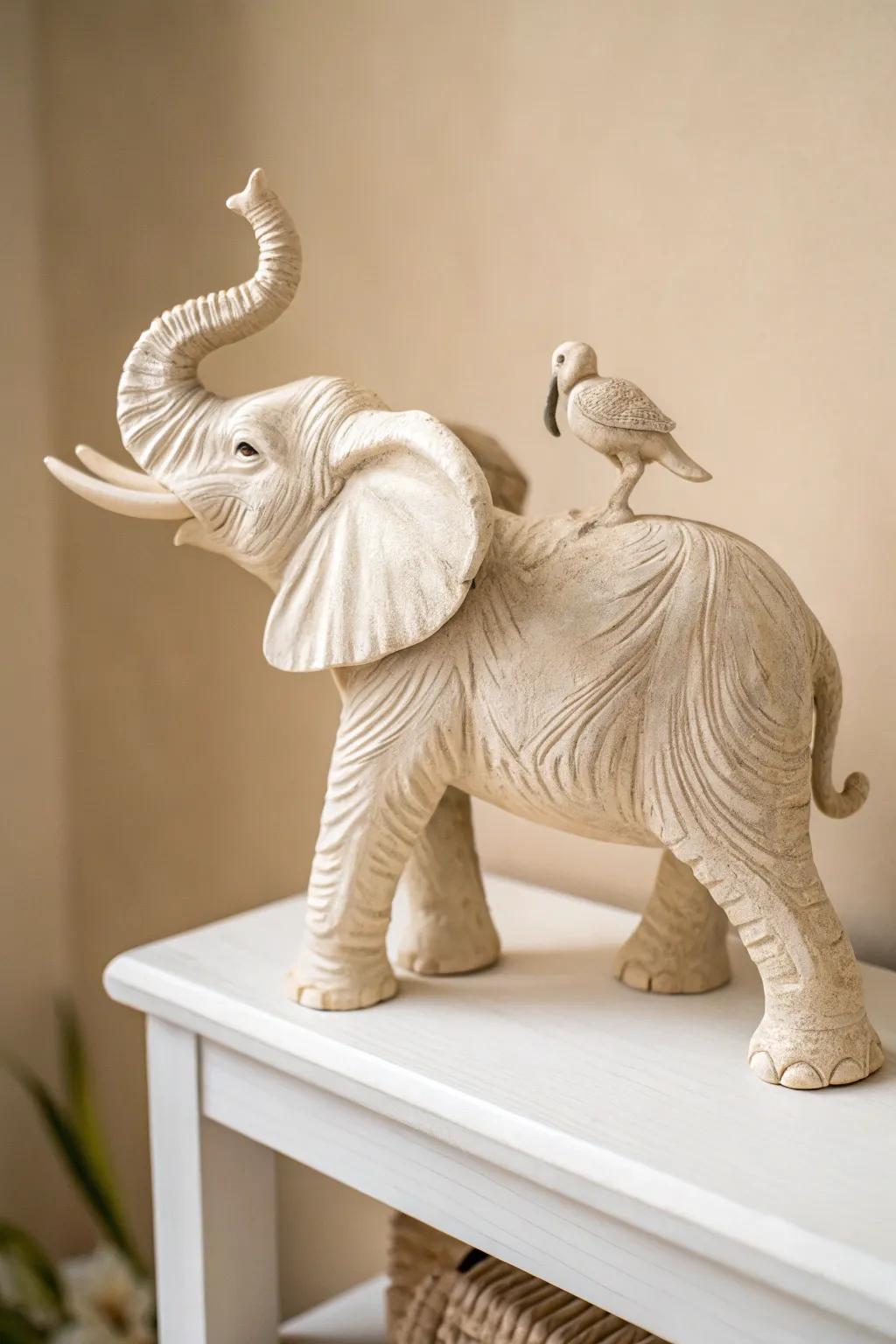 Minimalist clay elephant figure with a tiny bird companion