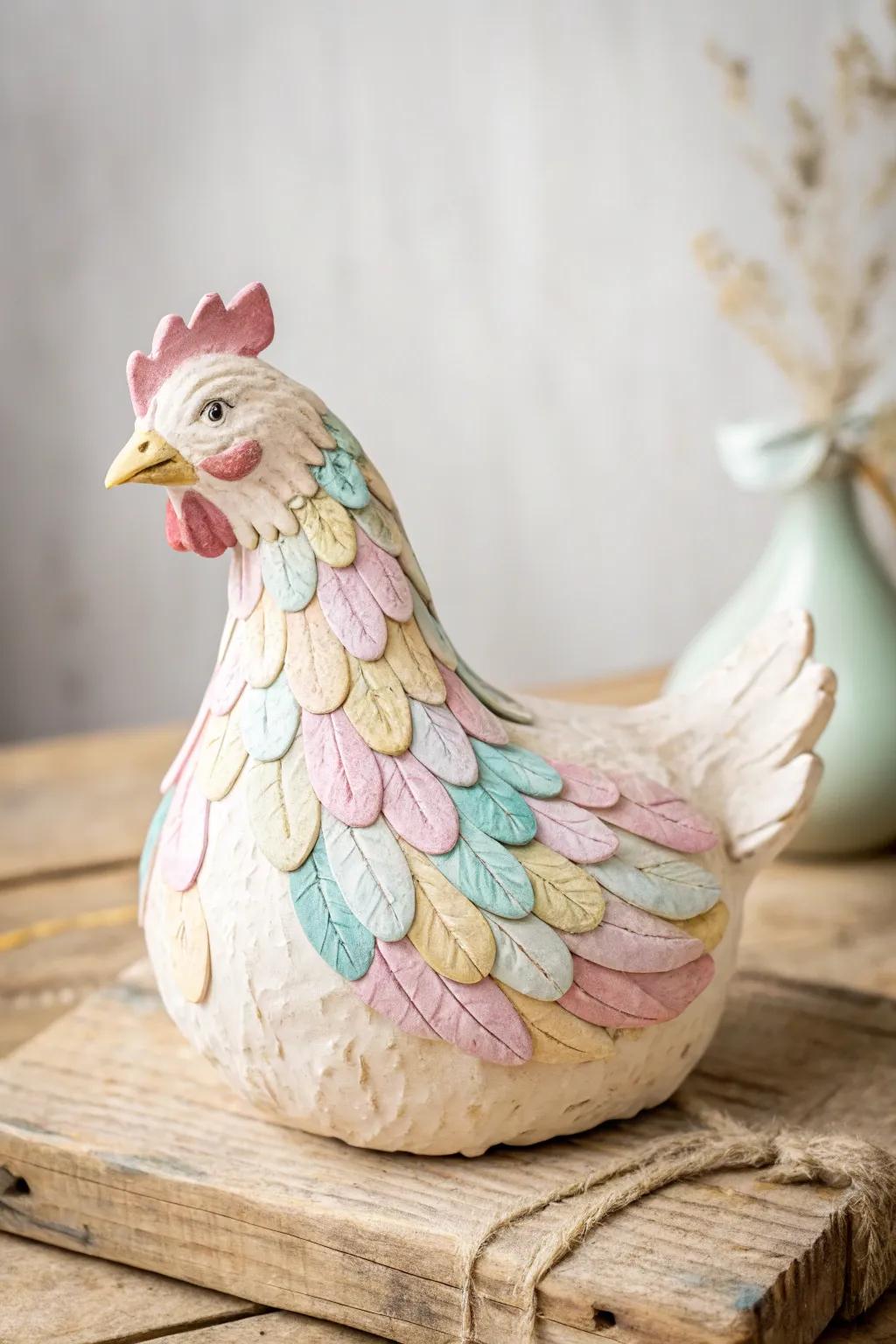 Playful clay chicken sculpture perfect for kitchen decor