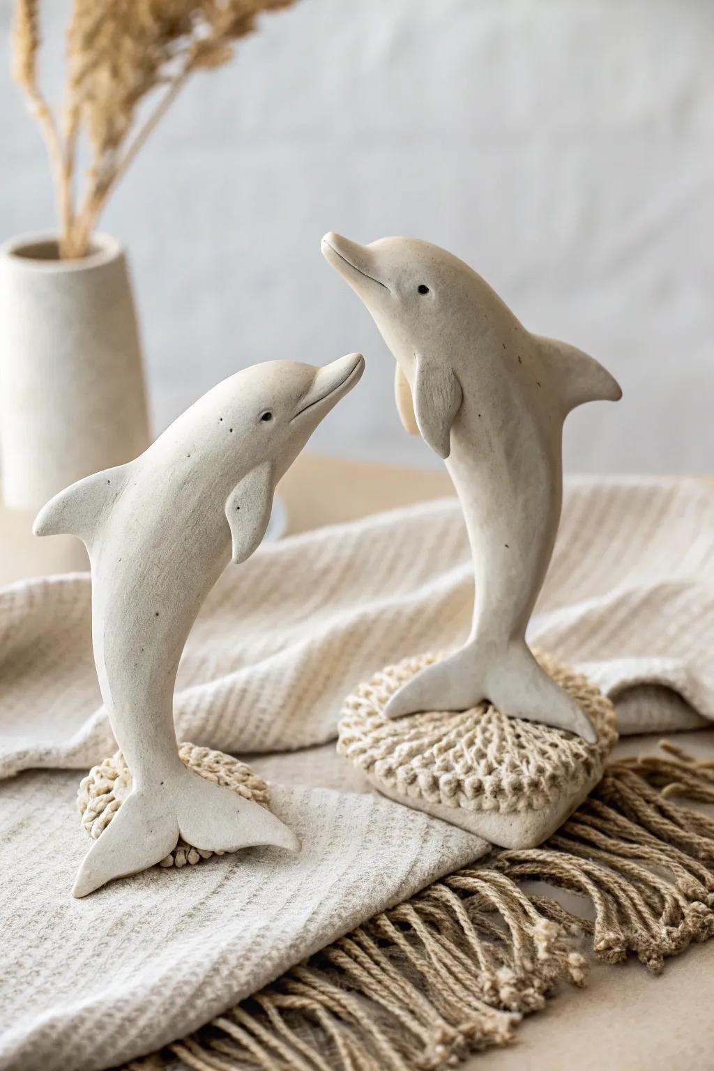 Elegant air dry clay dolphin duo capturing oceanic grace