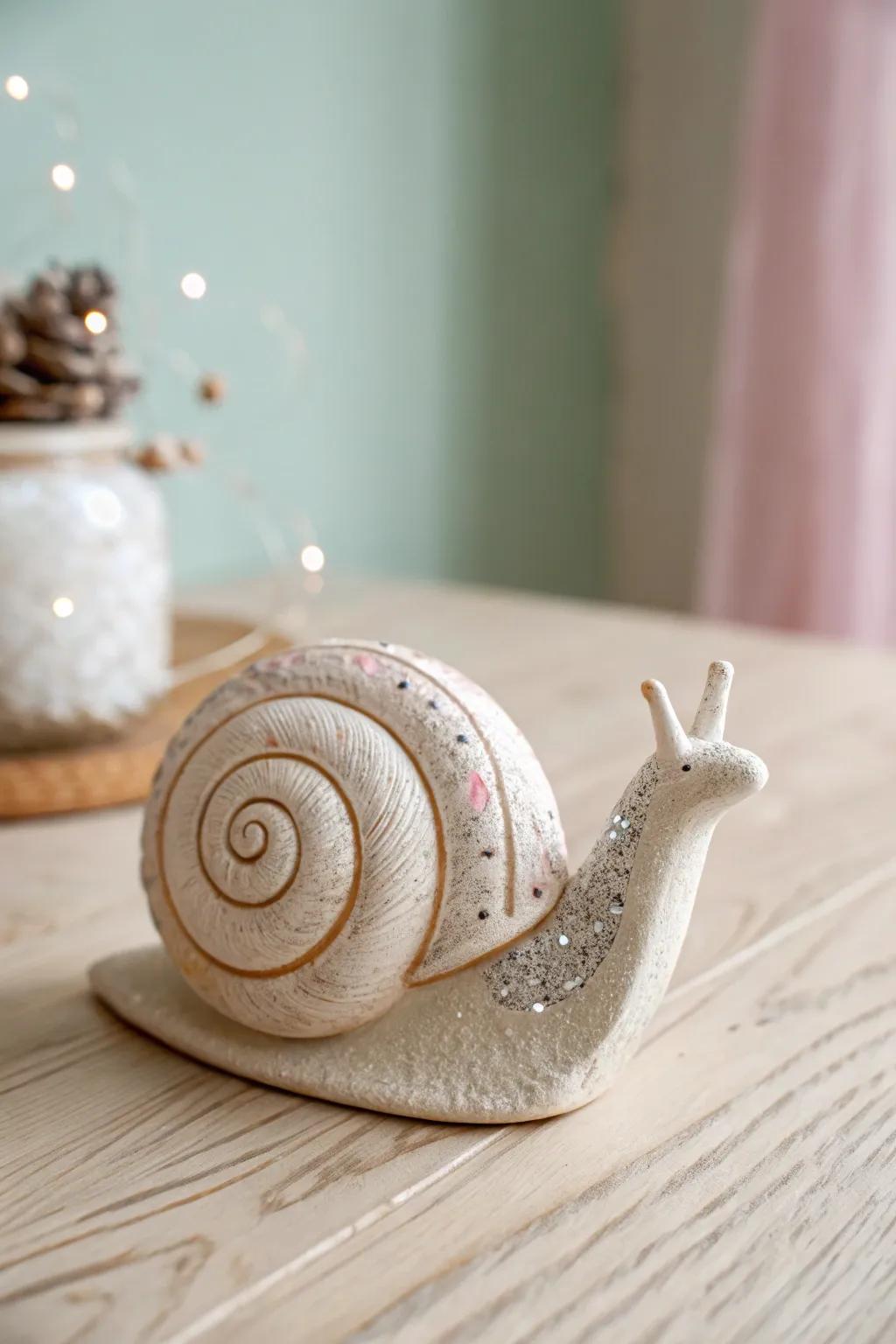 Whimsical clay snail with a sparkling shell