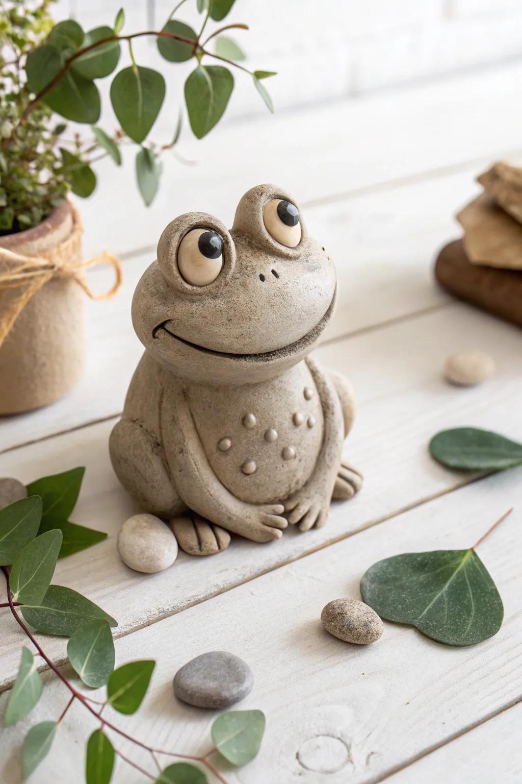 Cheerful clay frog sculpture adding whimsy to your decor