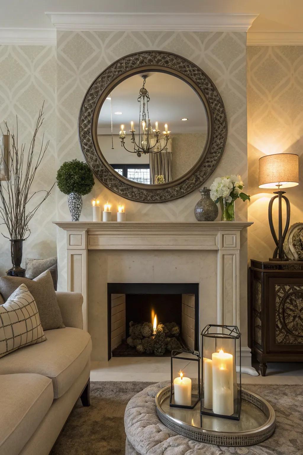A round mirror above the mantel creates a stunning focal point.