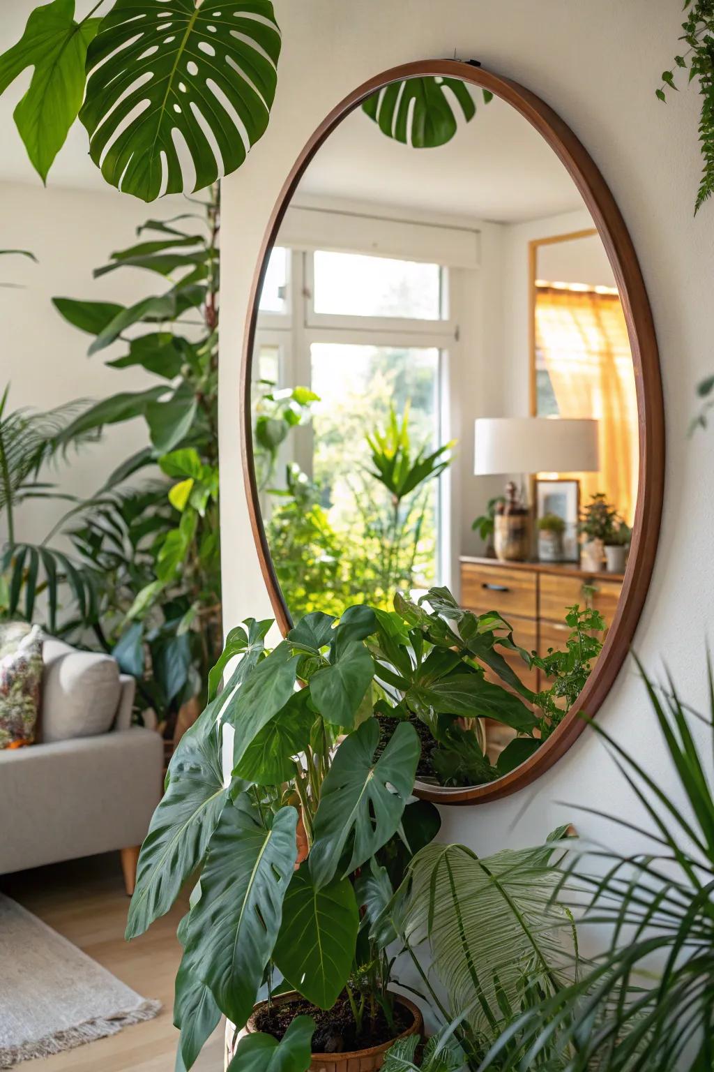 Mirrors paired with plants create a fresh, natural ambiance.