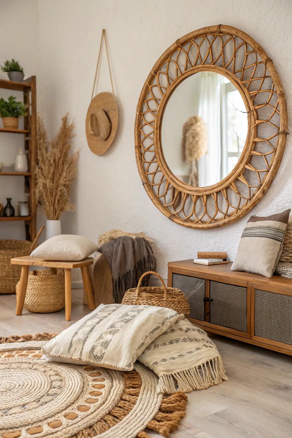 Rattan-framed round mirrors add bohemian charm.
