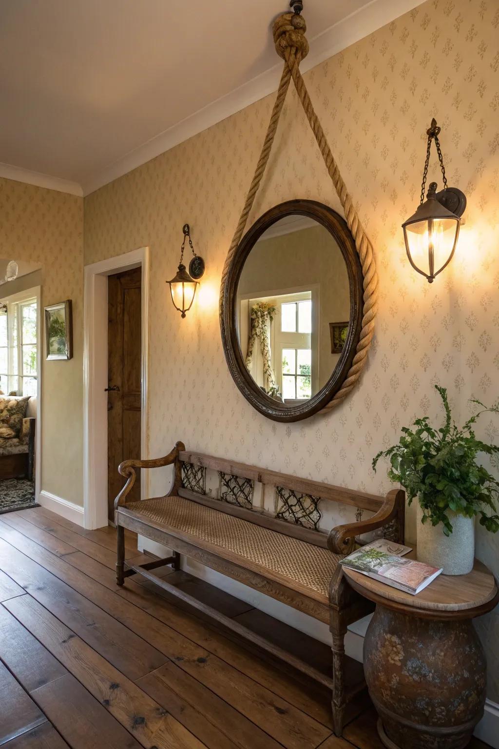 Rope-hung round mirrors add a coastal, rustic charm.