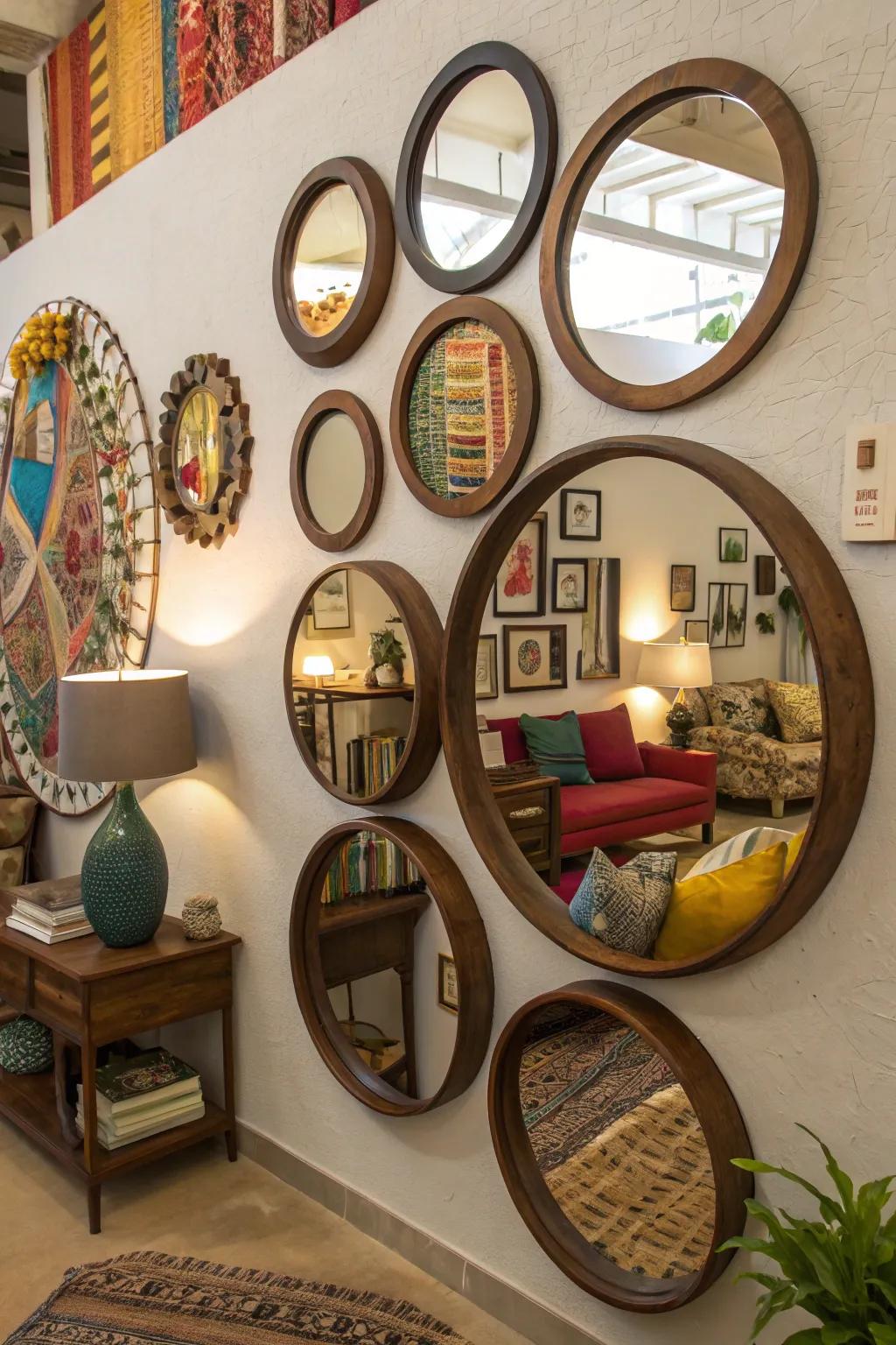 Arranging mirrors of different sizes creates visual interest.