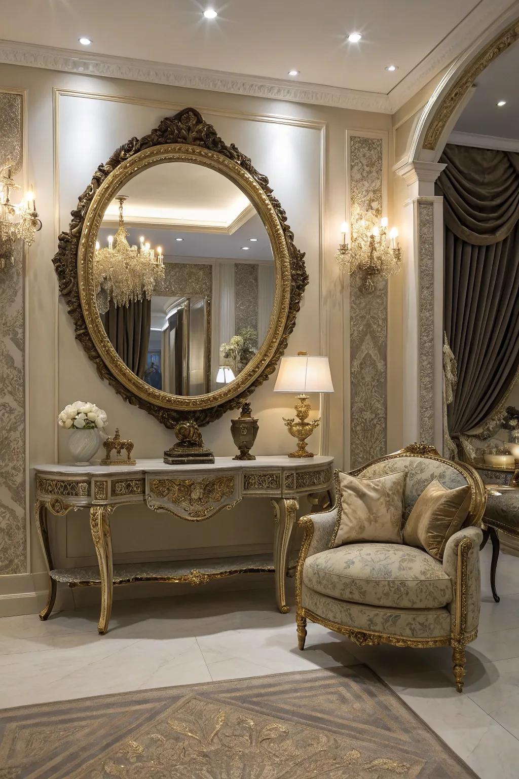 Large round mirrors create dramatic focal points.