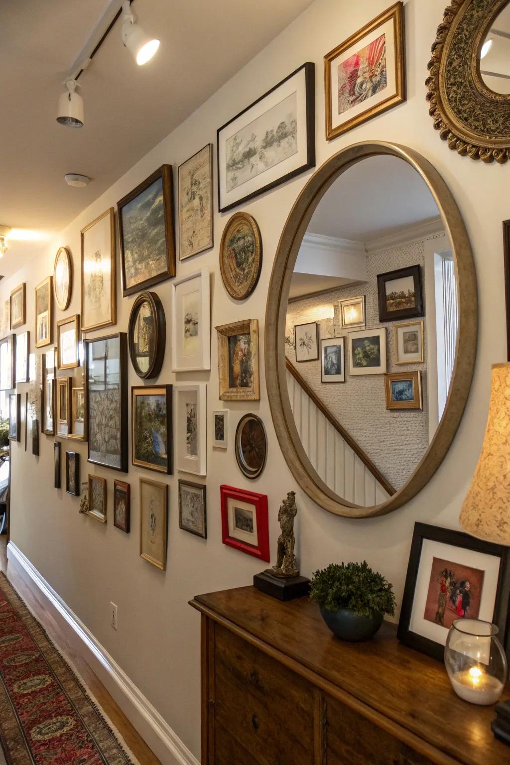 Gallery walls with round mirrors add depth and personality.