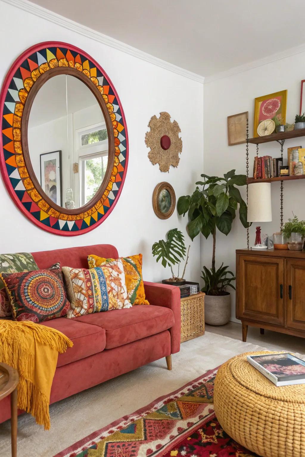 Brightly colored mirror frames create standout accents.