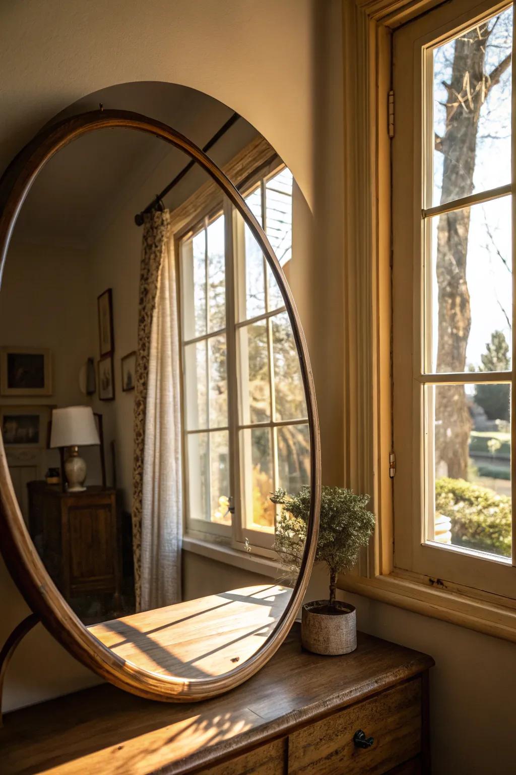 Mirrors reflect natural light to brighten rooms.