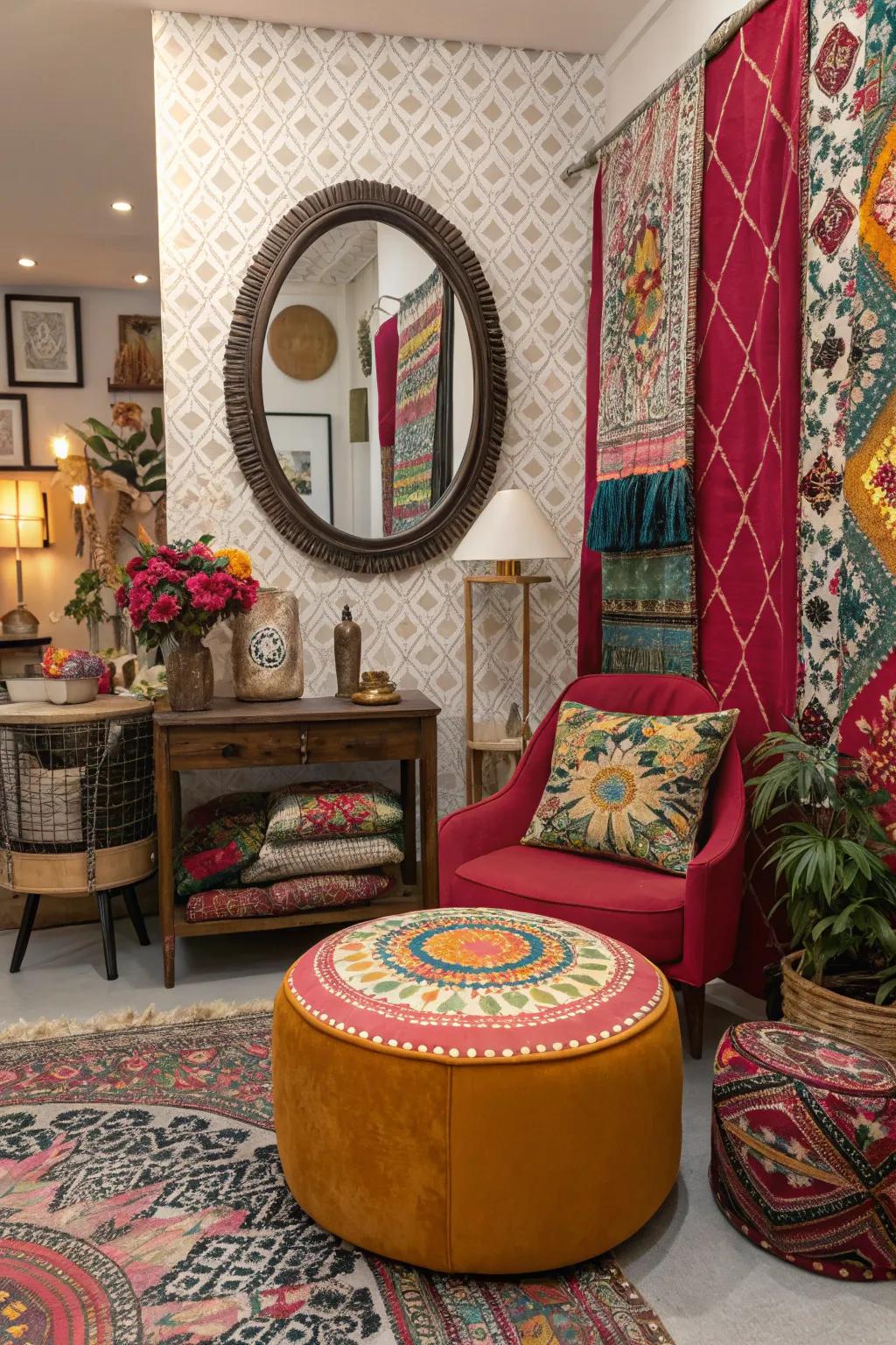 Eclectic decor with round mirrors energizes any room.