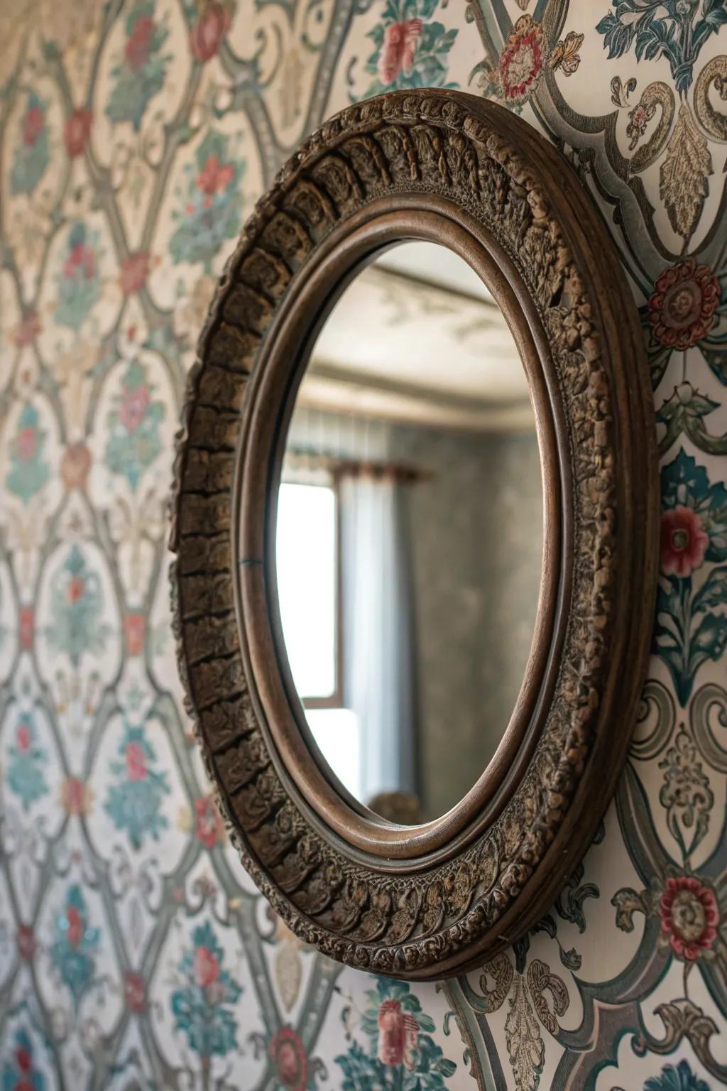 Mirrors with textured frames add visual richness.