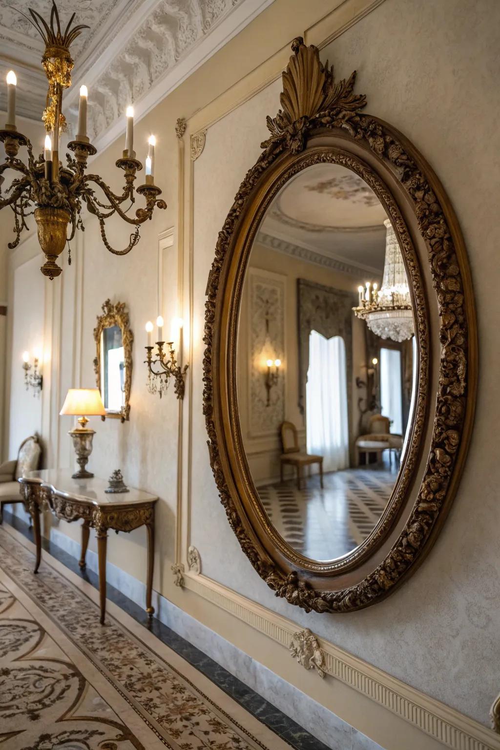 Vintage round mirrors add character and nostalgia.