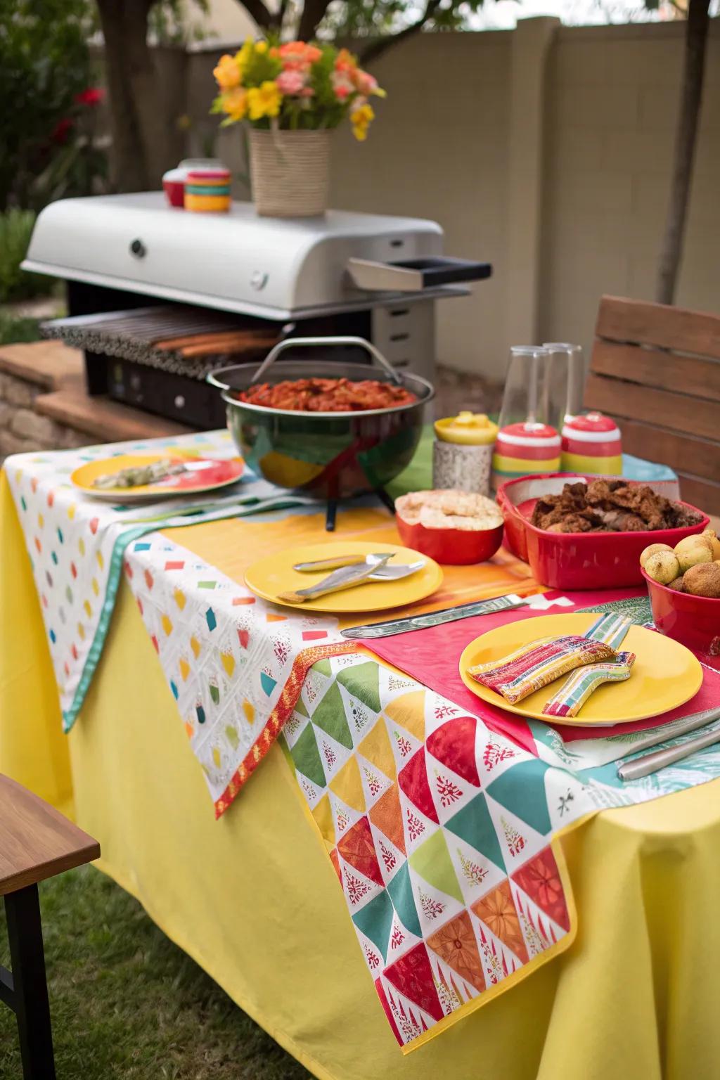 Cheerful barbecue setting with vibrant table linens.