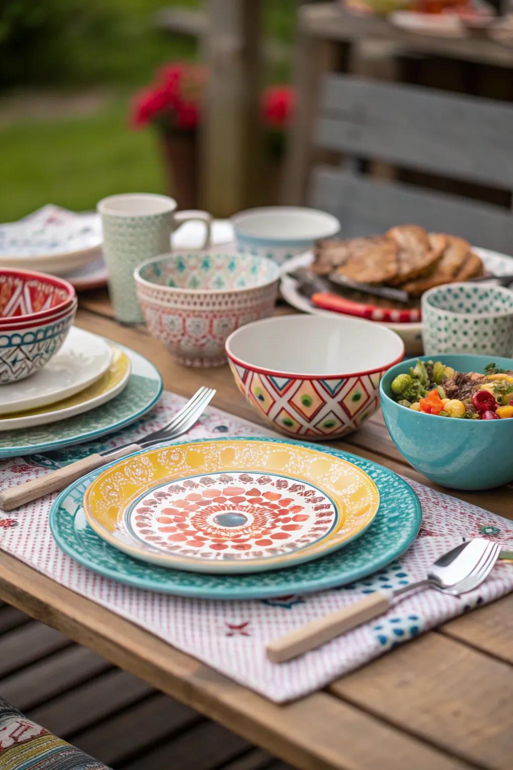 Eclectic mix of dishware patterns for a unique table setting.