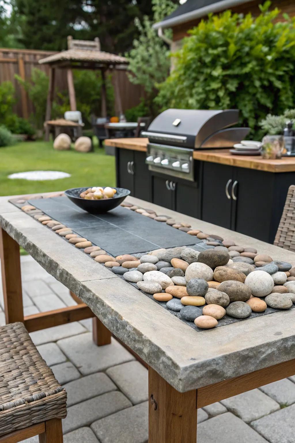Natural stones and pebbles add texture and interest to table decor.