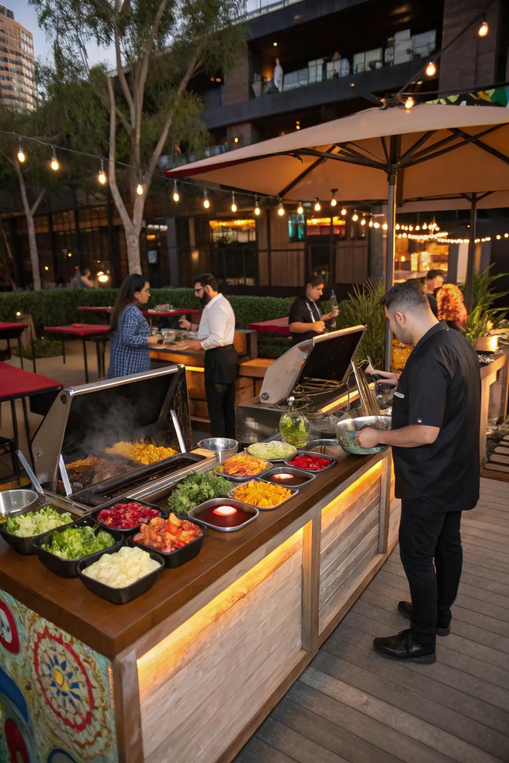 Interactive food stations encourage fun and mingling.