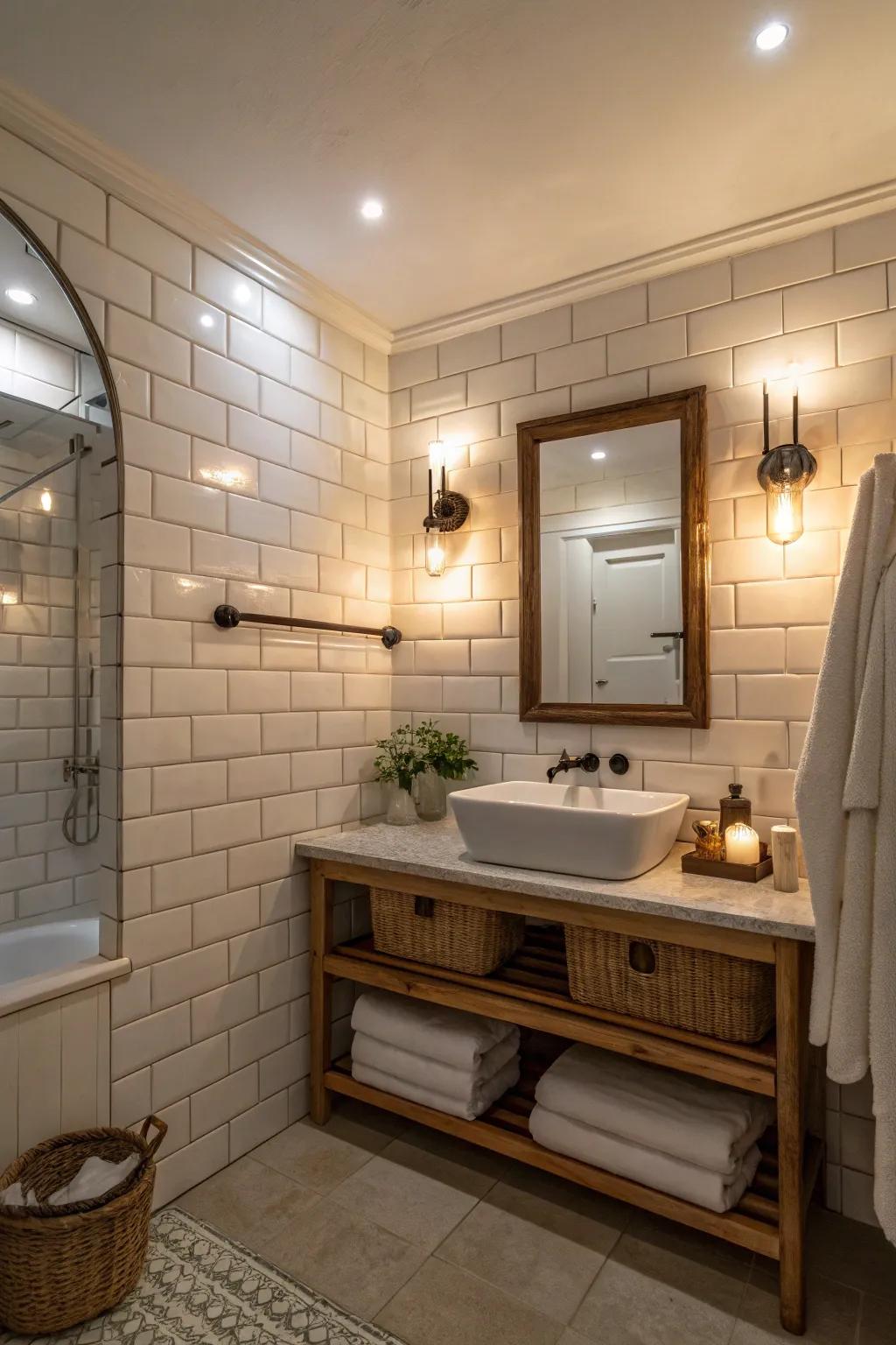 Ambient recessed lighting casts a soft glow throughout the bathroom.