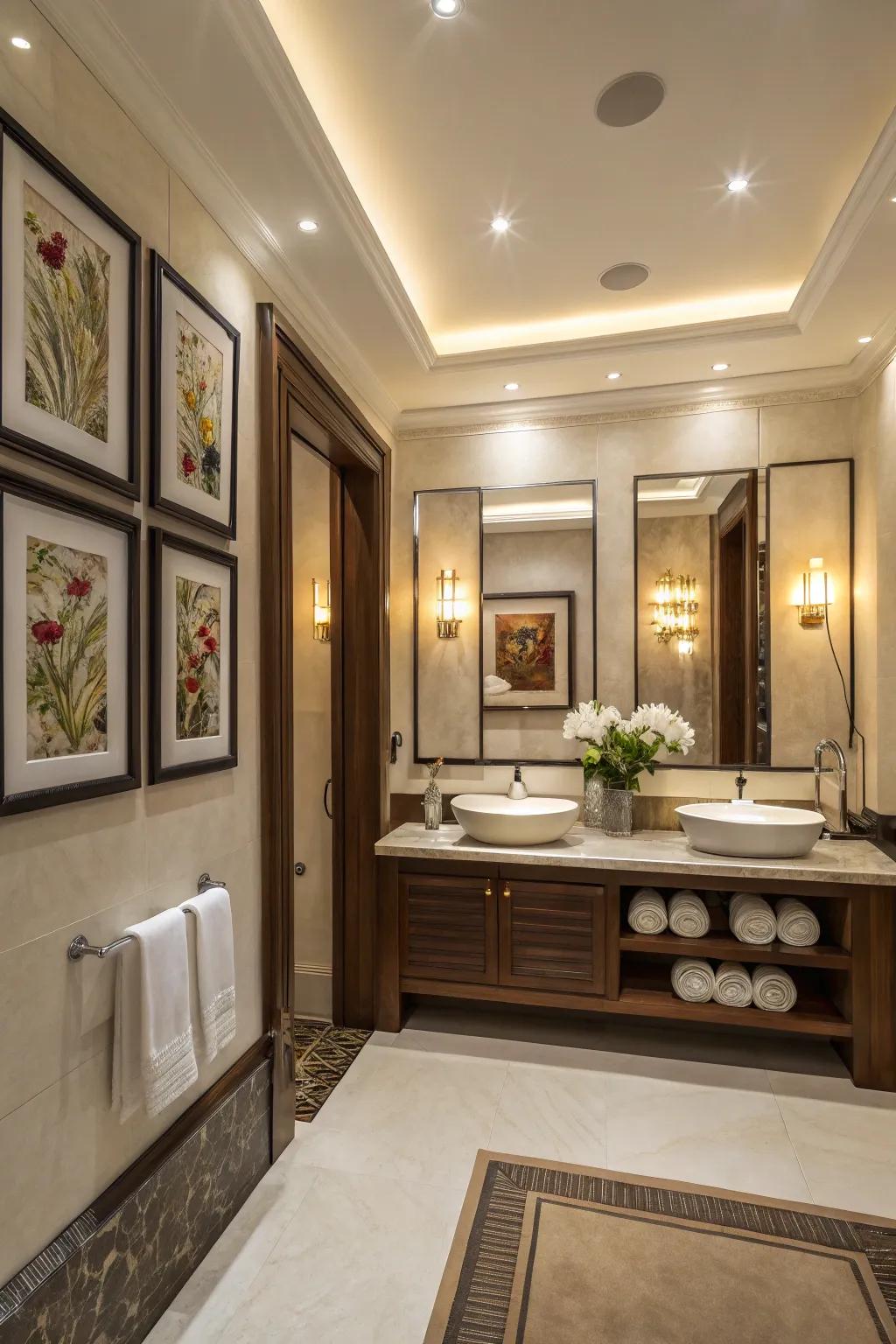 Accent lighting draws attention to artwork and architectural details.