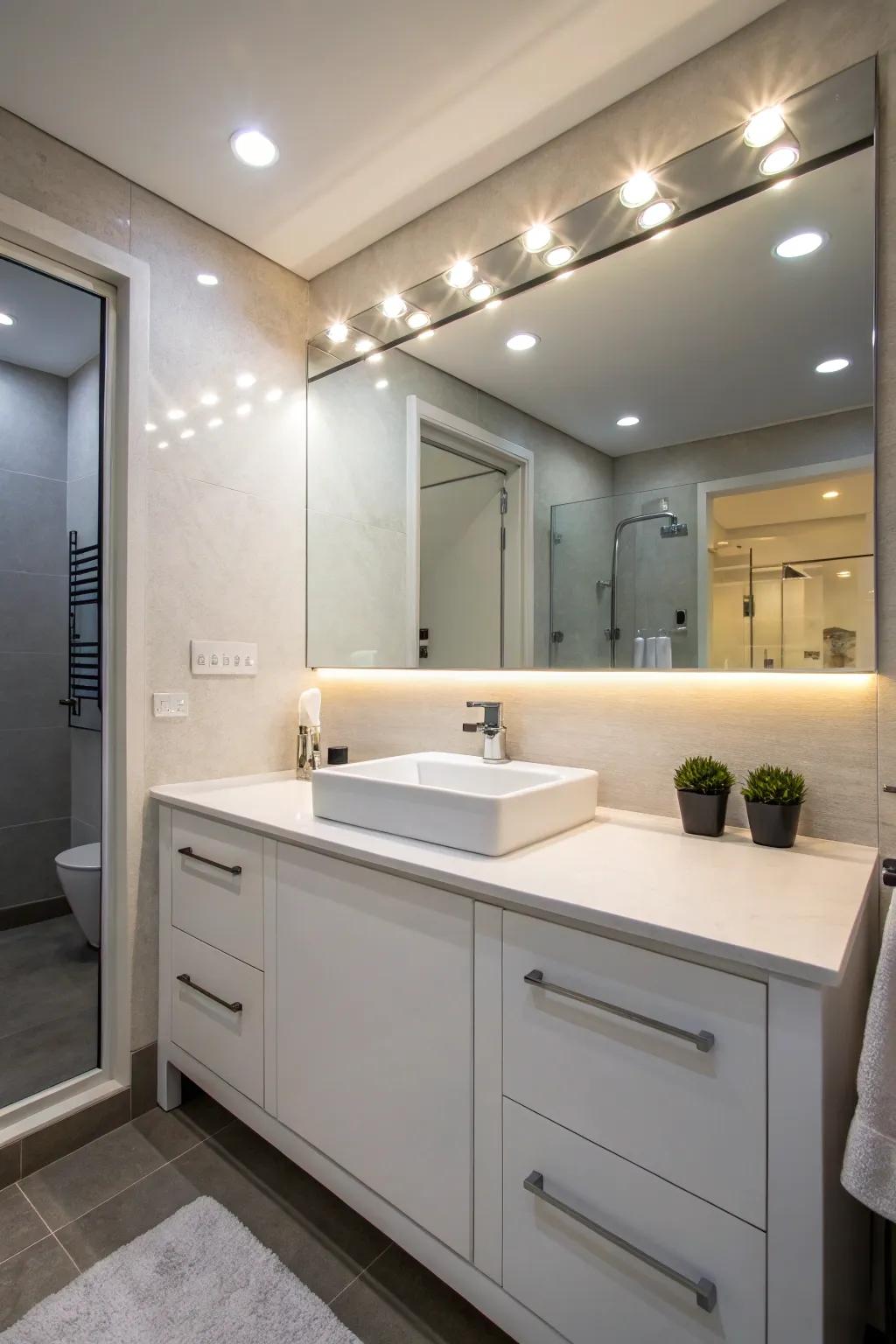 Recessed lighting above the vanity provides clear, even illumination.