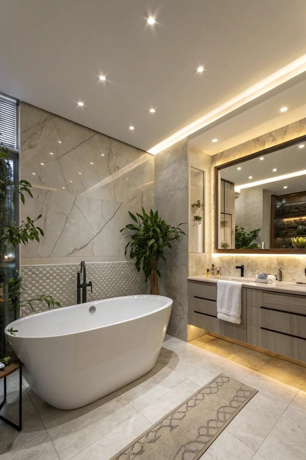 Recessed lighting over the bathtub creates a spa-like ambiance.